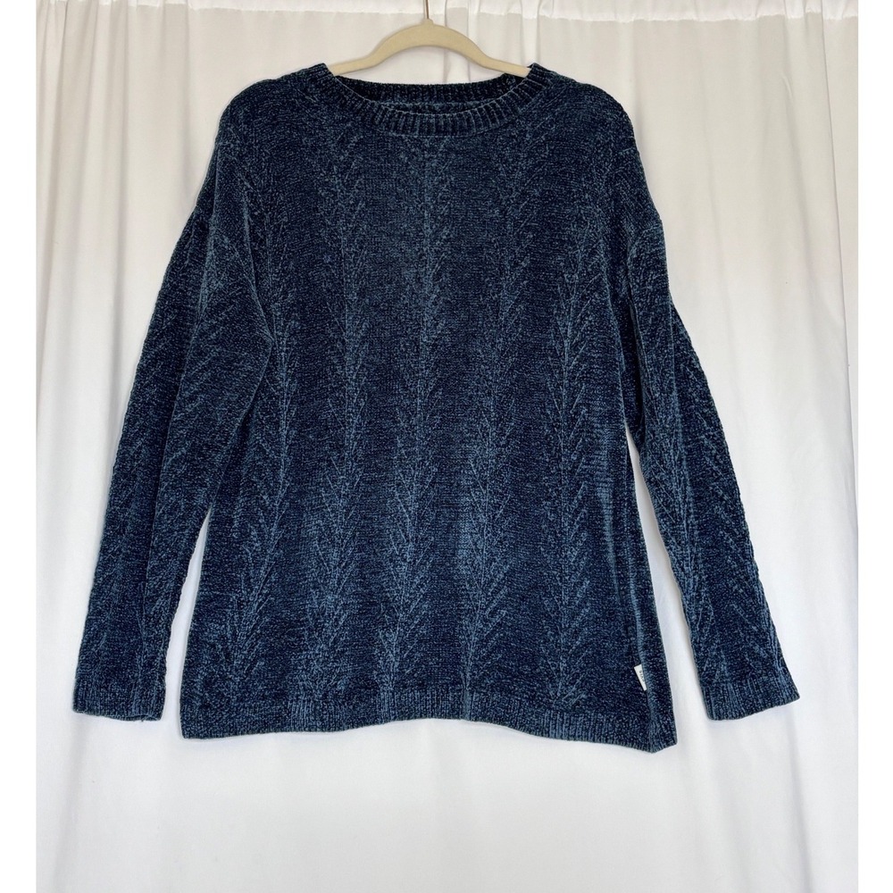 Orvis Womens Chenille Cable Knit Sweater Navy Blue Crew Neck Pullover Large